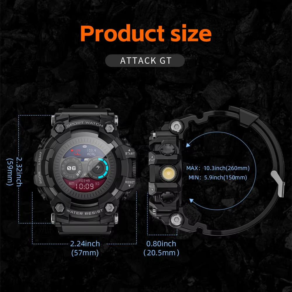 ATTACK-GT Upgrade Sport Smart Watch Waterproof Bluetooth Calls Rugged Smartwatches Flashlight Fitness Tracker for Phone