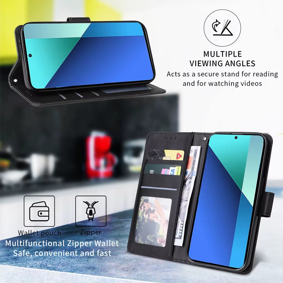 Premium Magnetic Flip Leather Wallet Case with Card Slot and Kickstand for Xiaomi Redmi Note 13 Pro, 12, 11, 10, 9 Pro, 8T, 7